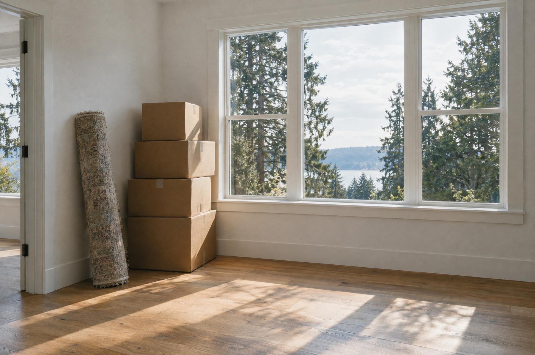 Bright empty bedroom with cardboard moving boxes stacked by a large window and evergreens and a lake beyond the glass