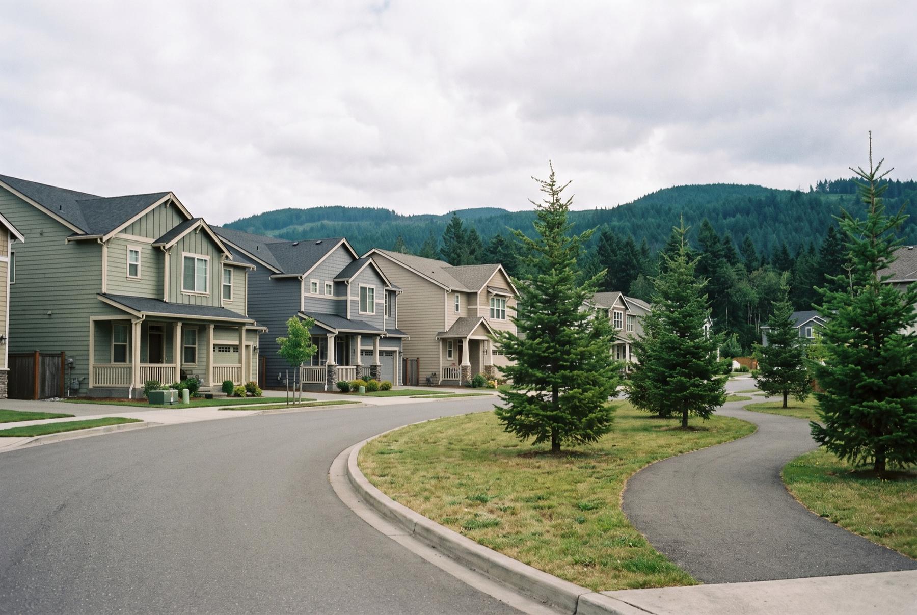 Curving street of new two-story craftsman-style homes with front porches, a walking path, and young firs under an overcast sky